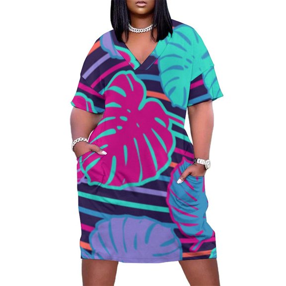 Tropical Leaves Striped Background Design Summer Sundress for Curve Women Casual Pattern Plus Size V Neck Short Sleeve Loose Fit Oversize Dresses