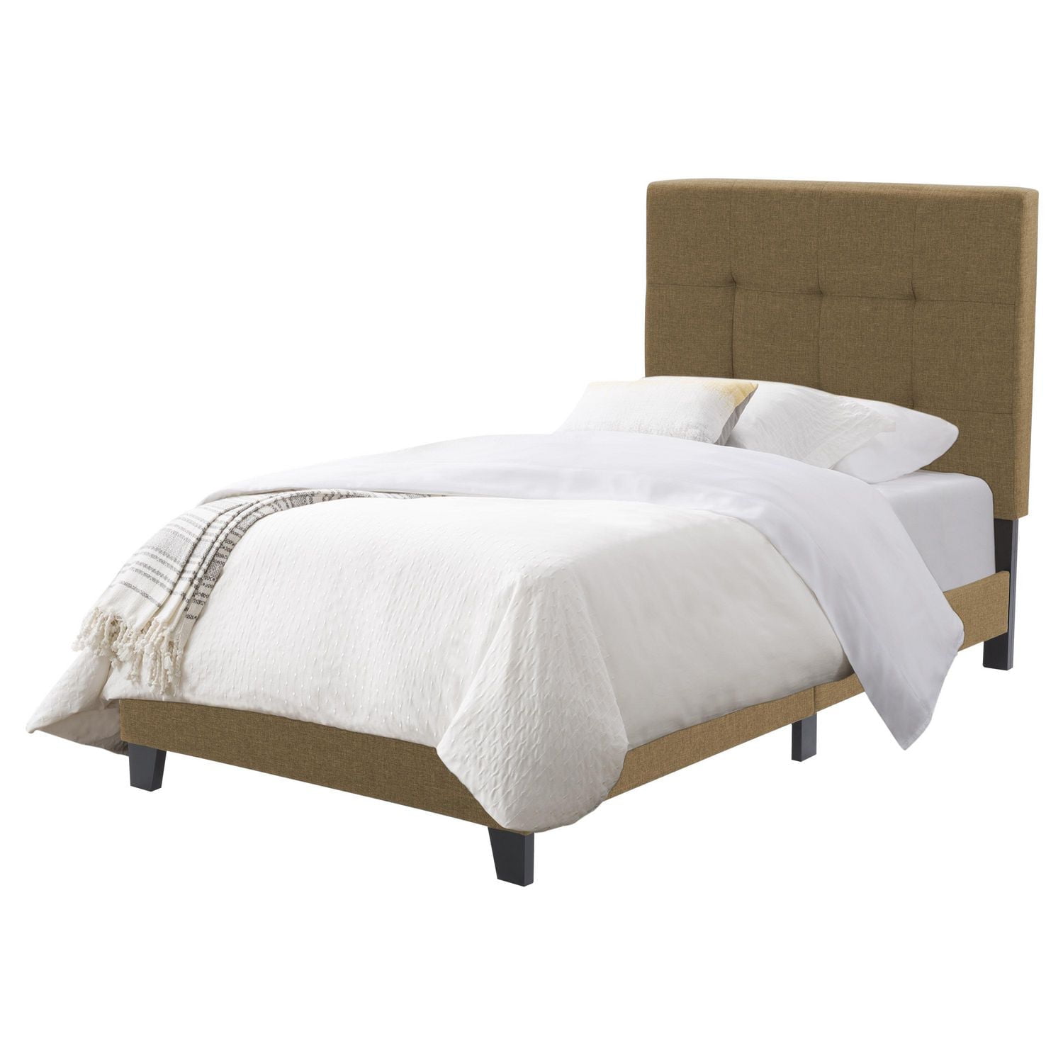 Lit plateforme capitonné en tissu CorLiving Ellery pour adulte, avec tête de lit capitonnée et lattes, brun argile