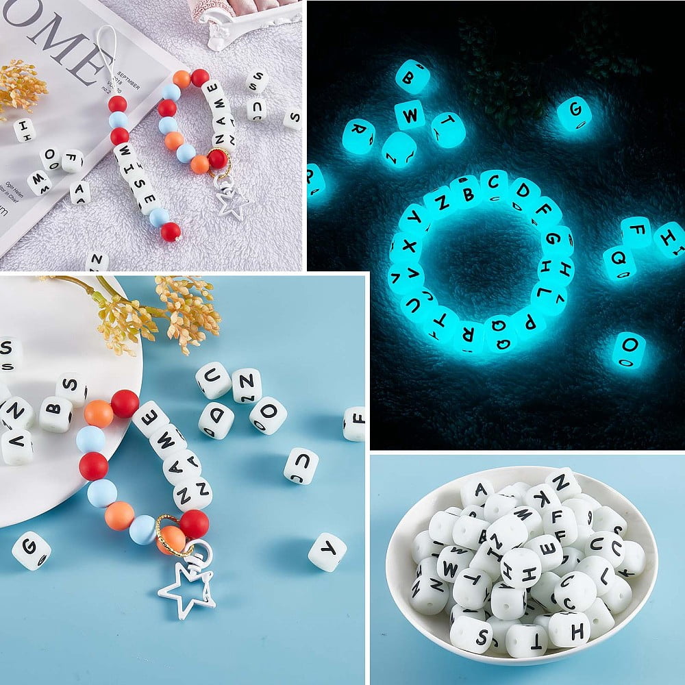104 Pcs Luminous Cube Silicone Beads Letter Square Dice Alphabet Beads with 2mm Hole Spacer Loose Letter Beads DIY