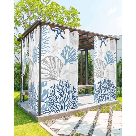 Outdoor Curtains for Patio, Ocean Blue Coral Waterproof Blackout Outside Curtain for Porch/Pergola/Gazebo, Coastal Starfish Shell Seahorse Grey Thermal Insulated Drapes, 2 Panels, 54 x 84 Inch