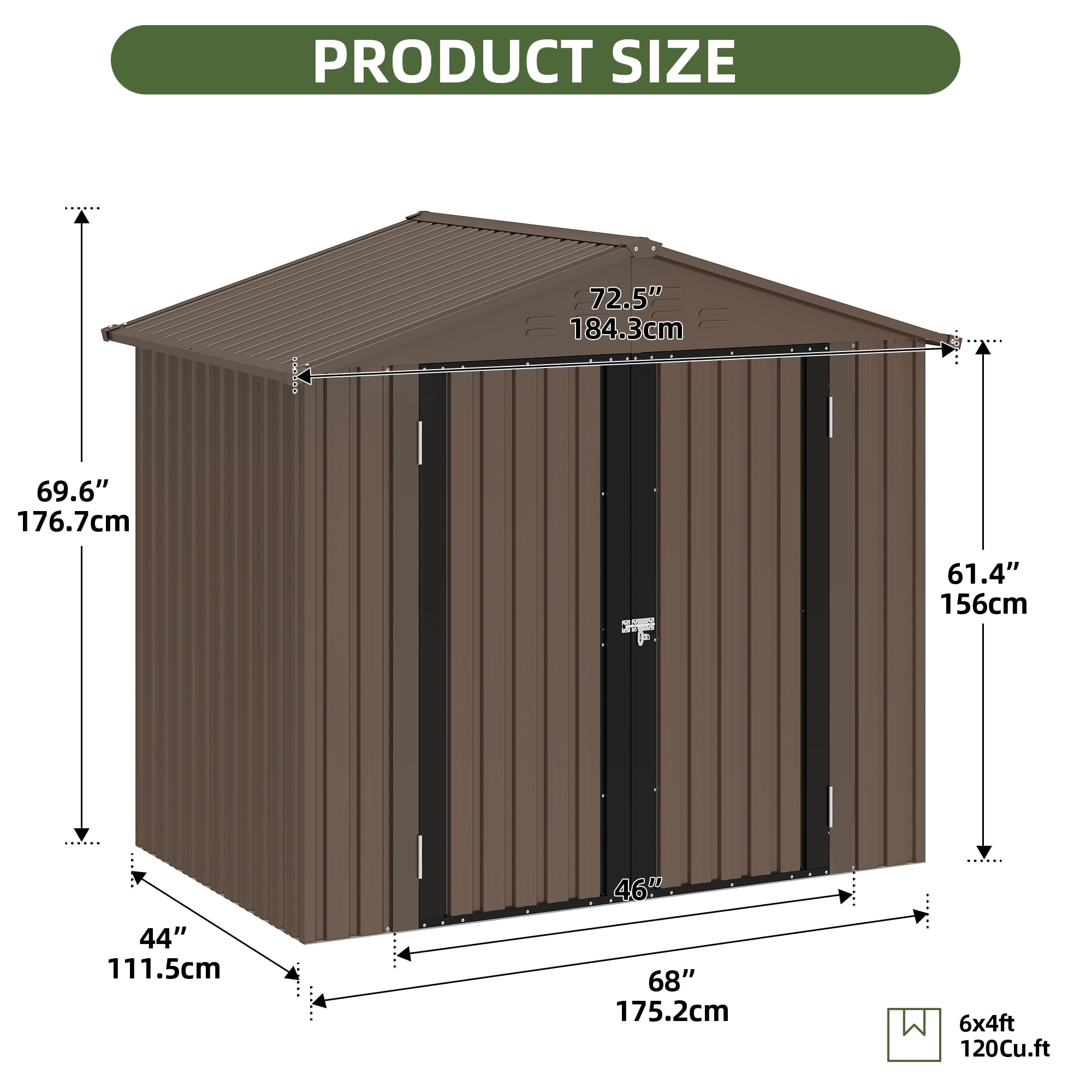 Uforic 6x4ft Metal Outdoor Storage Shed, Lockable and Waterproof with Gable Roof & Vents, Brown