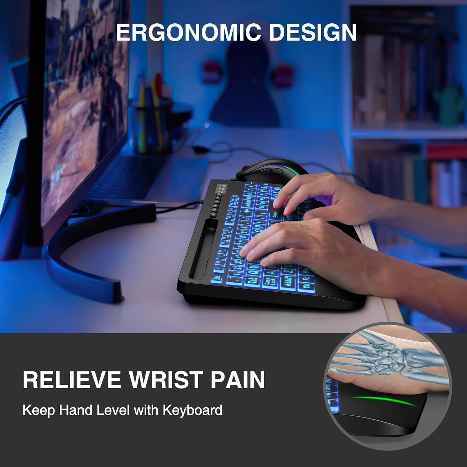 K21 Pro Large Print Backlit Keyboard, Wired USB Computer Keyboards with 7-Colors Backlight, Wrist Rest, Phone Holder, Oversized Letter Keys Easy to See and Type for Laptop, PC, Windows, Black