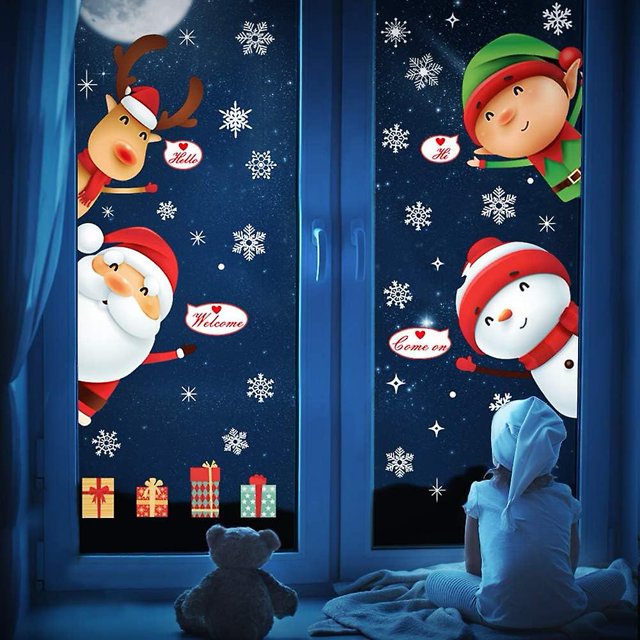 Copos de nieve Ventana se aferra calcomanías pegatinas Navidad Año nuevo Invierno País de las maravillas Decoraciones Adornos Papá Noel Reno Congelado Suministros para fiestas
