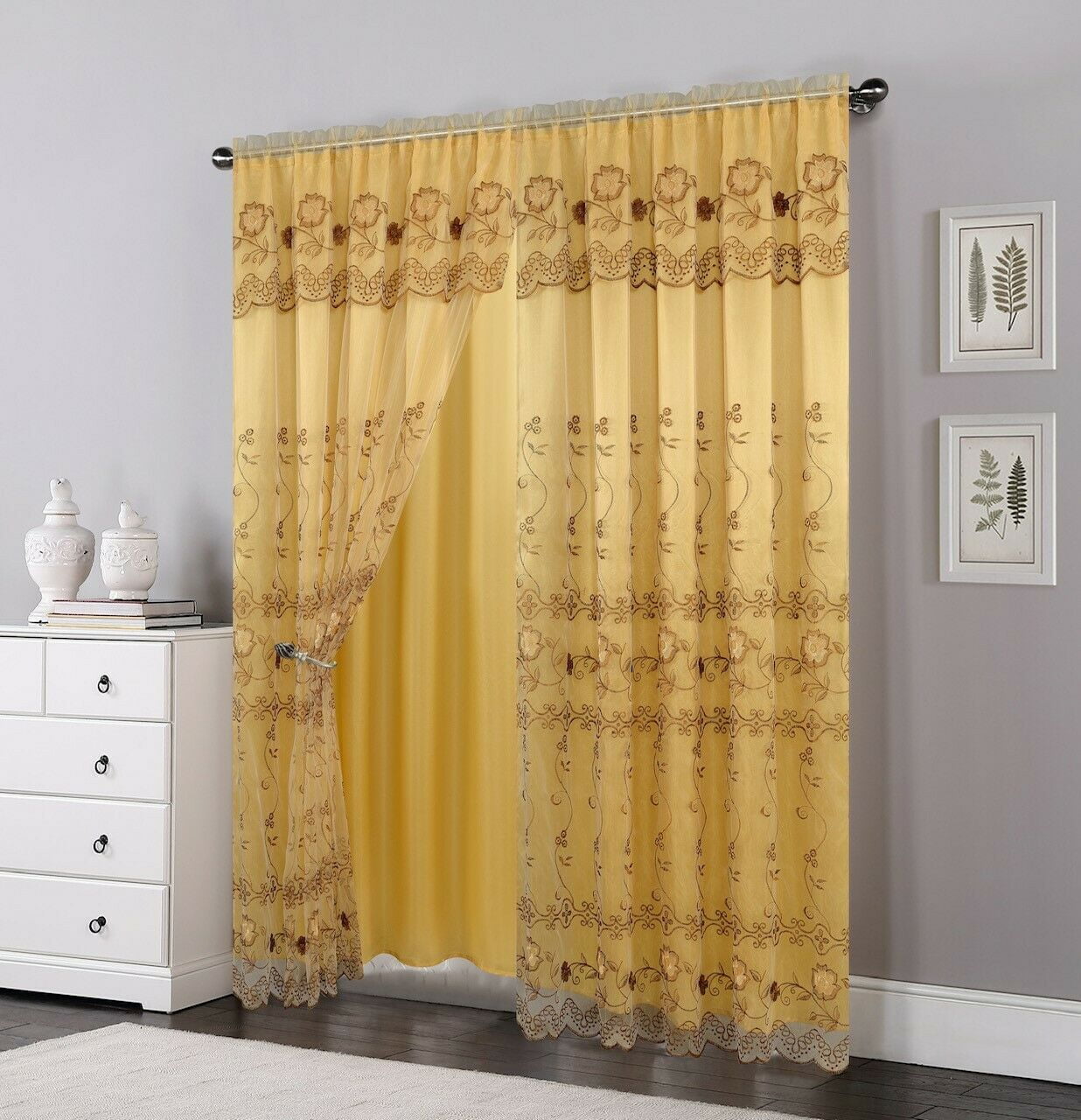 2 Layers Voile Sheer Embroidered Rod Pocket Window Curtain Panel and Valance 