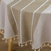 YDJKET Nappe de ferme avec pompon à coutures lourdes (rond, 60 pouces, lin) Nappe en coton et lin anti-poussière pour décoration de table à manger de cuisine