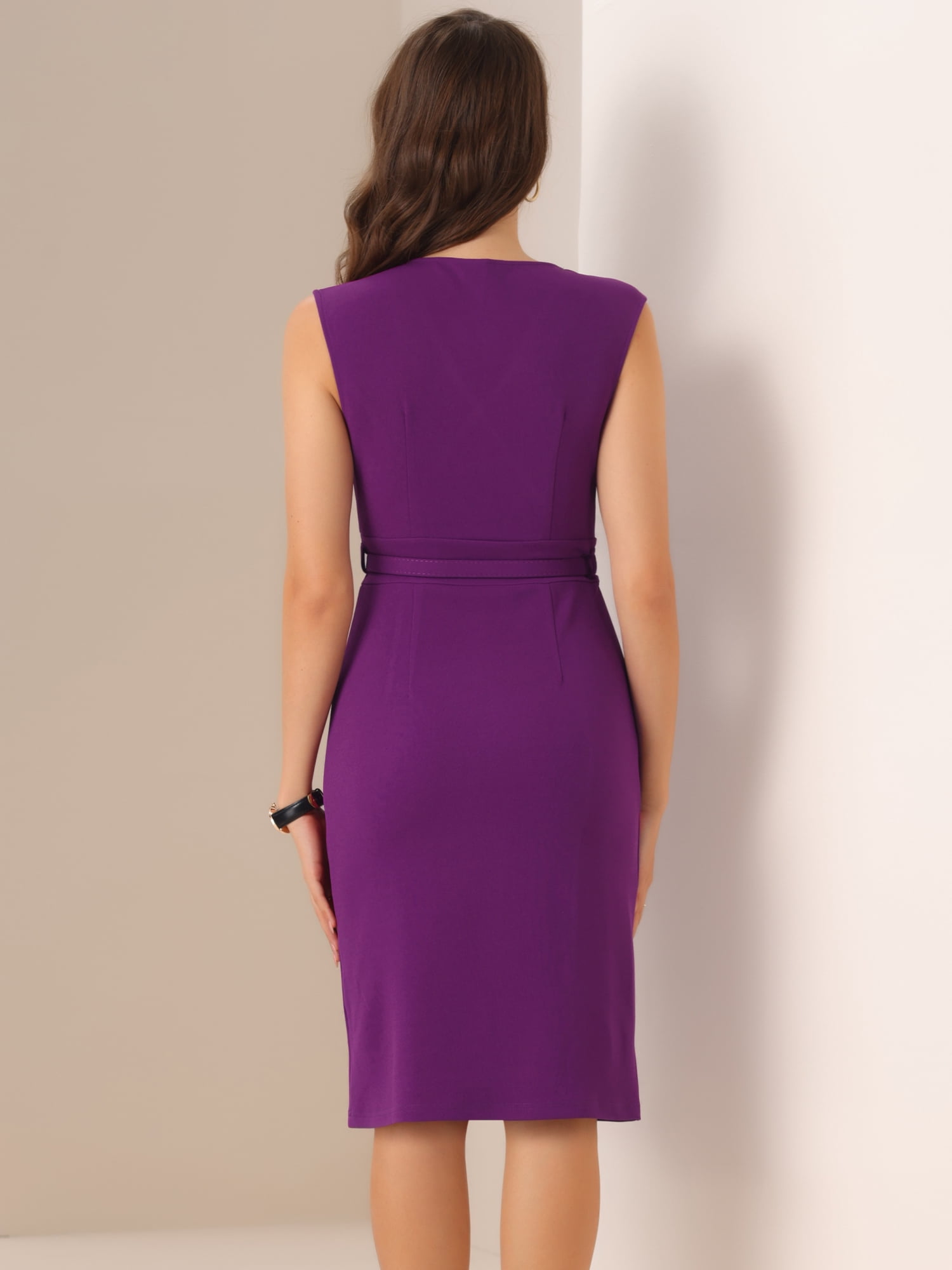 DARING DIVA Pencil Sleeveless Wrap V Neck Belted Office Dresses S Dark Purple