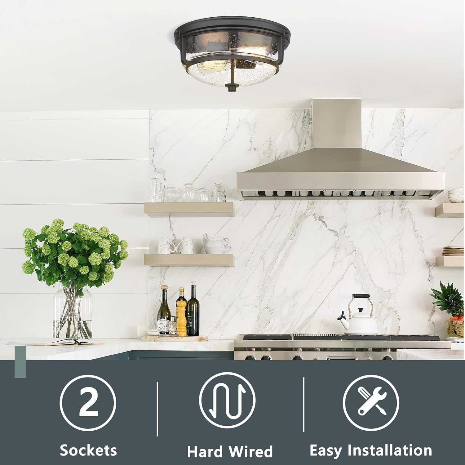 Emliviar Modern 12" Ceiling Light, Flush Mount Ceiling Light Fixture with Seeded Glass Shade, Black Finish, WE249F BK
