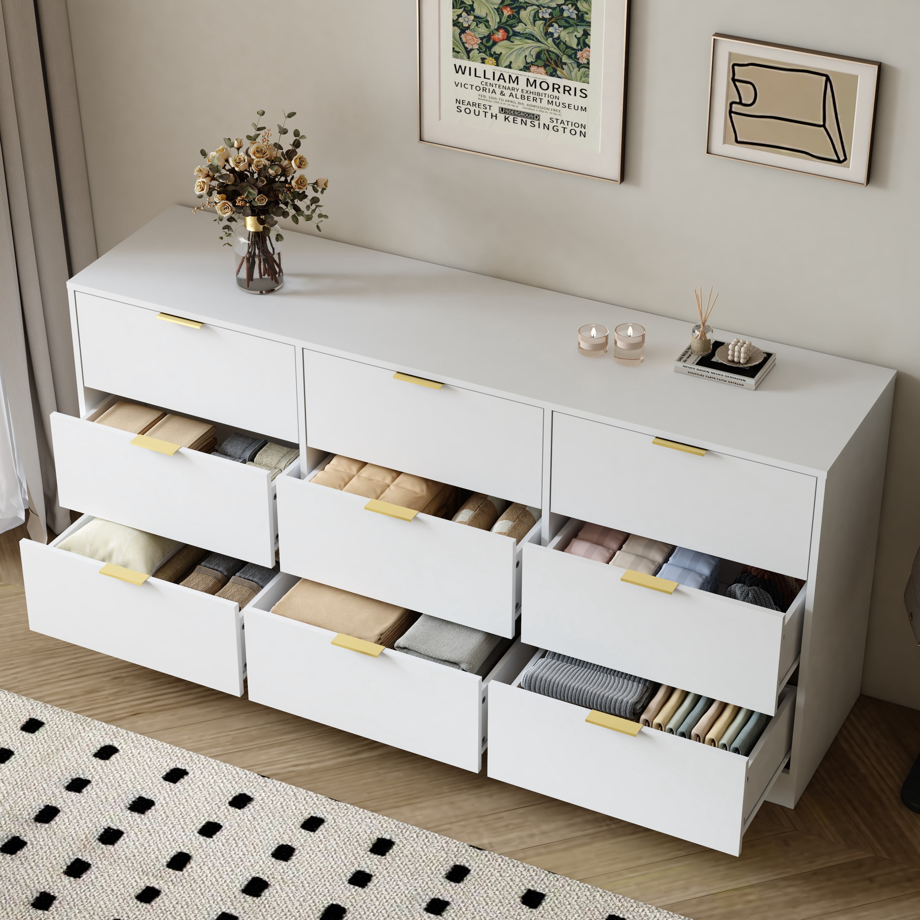 Mintazer 9 Drawers Dresser, 63" Large Deep Storage Chest of Drawers with Gold Metal Handles for Entryway Bedroom Living Room Hallway, White