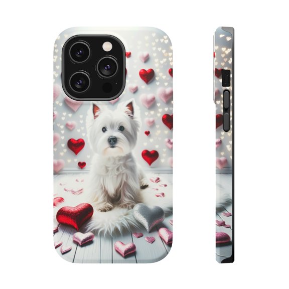 DistinctInk Tough Case for Apple iPhone 15 PRO (6.1" Screen), Compatible with MagSafe Charging - Valentine's Day West Highland White Terrier