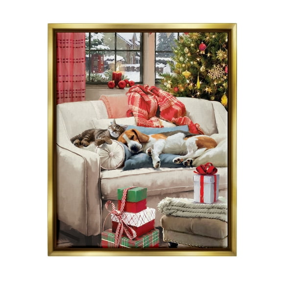 Stupell Industries Pets on Holiday Couch Holiday Painting Gold Floater Framed Canvas Art Print Wall Art, 17 x 21