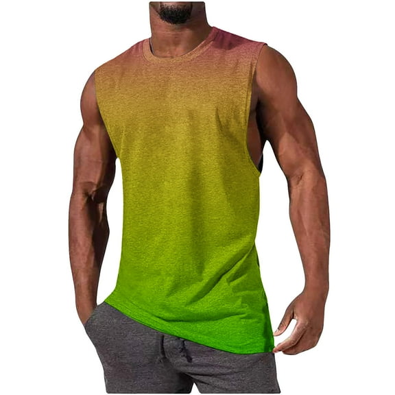 IYTR Summer Mens Tank Tops Mens T Shirts Fashion Leisure Loose Gradient Color Classic Tshirt Crew Neck Fitting Running Shirts Sleeveless T Shirts Blouses(Army Green,L)