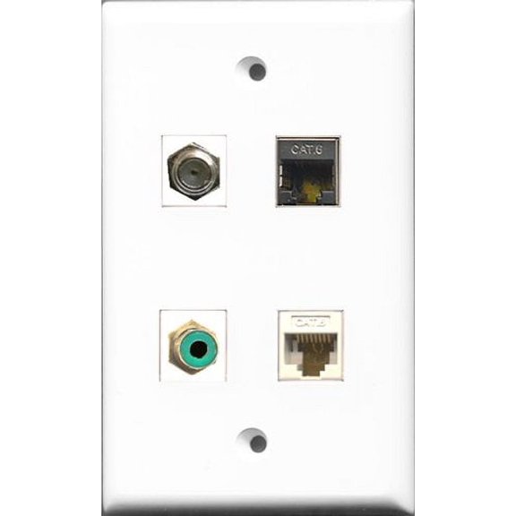RiteAV 1 Port RCA Green and 1 Port Coax Cable TV- F-Type and 1 Port Shielded Cat6 Ethernet and 1 Port Cat6 Ethernet White Wall Plate