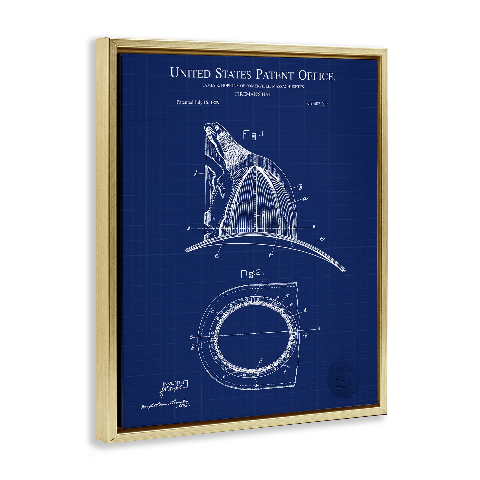 Stupell Industries Fireman's Hat Blueprint Typography Painting Gold Floater Framed Art Print Wall Art, 25 x 31