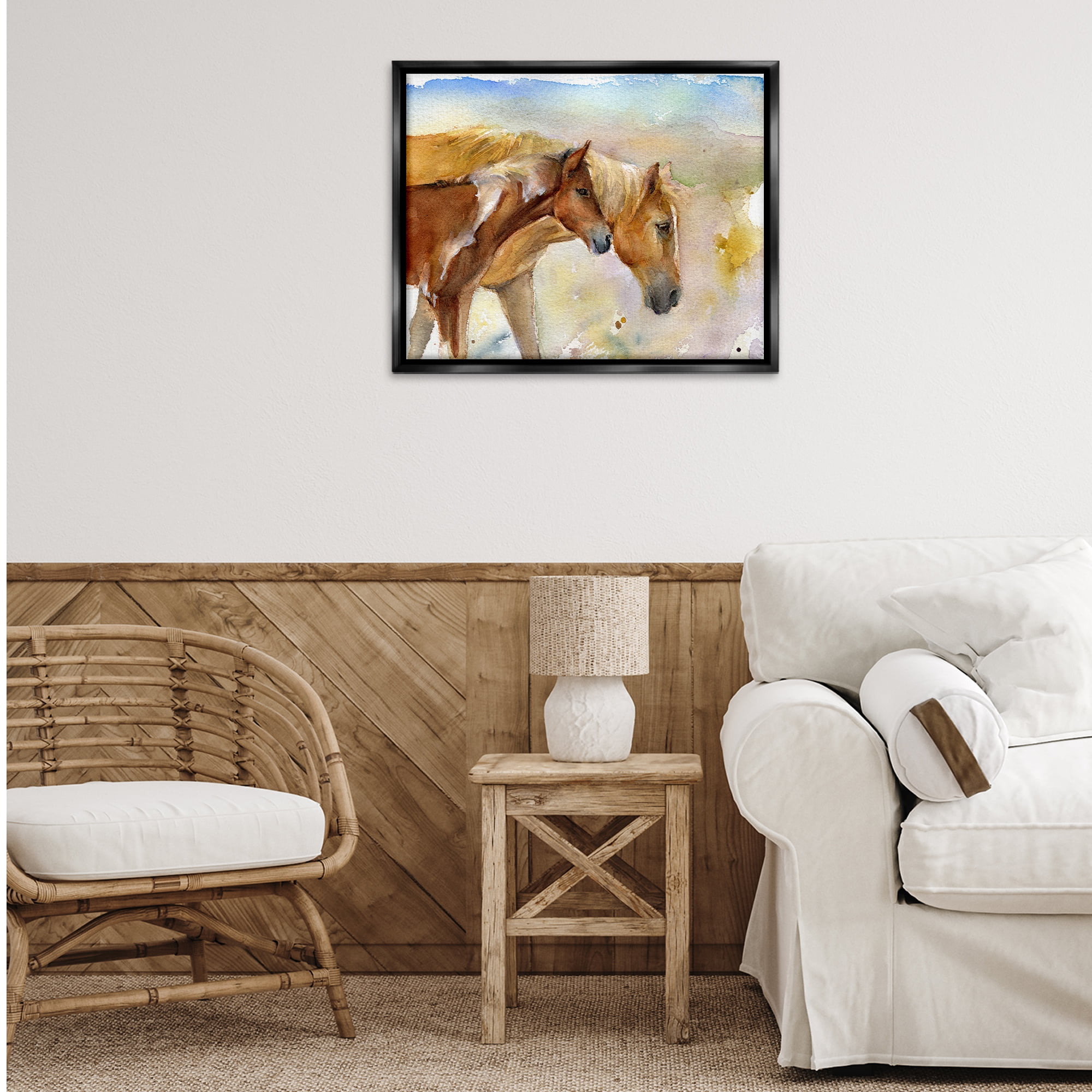 Stupell Industries Wild Horses Watercolor Animals & Insects Painting Black Floater Framed Canvas Art Print Wall Art, 31 x 25