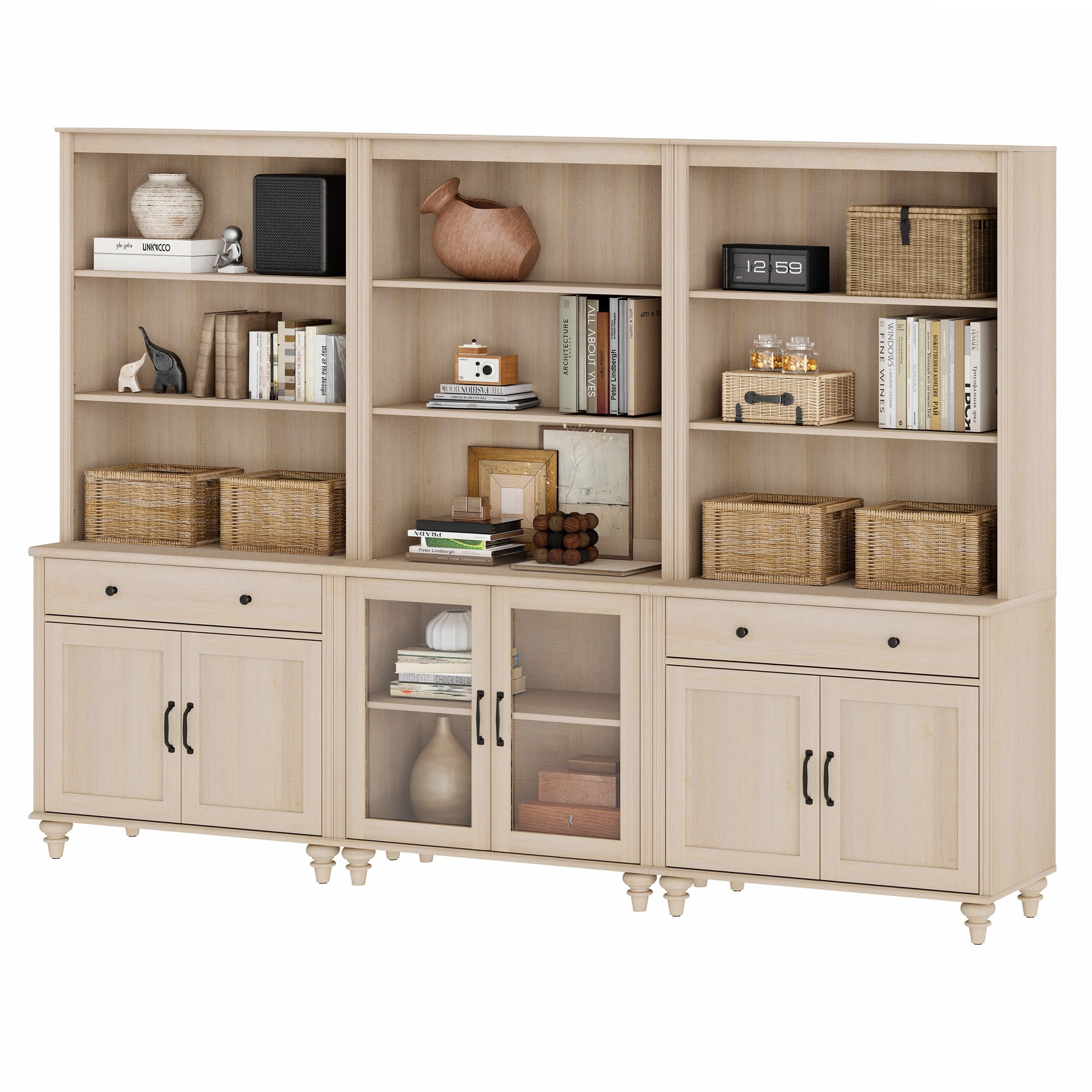 Farmhouse 5 Tier Bookcase With Doors & Drawers, Beige, 101.6" W
