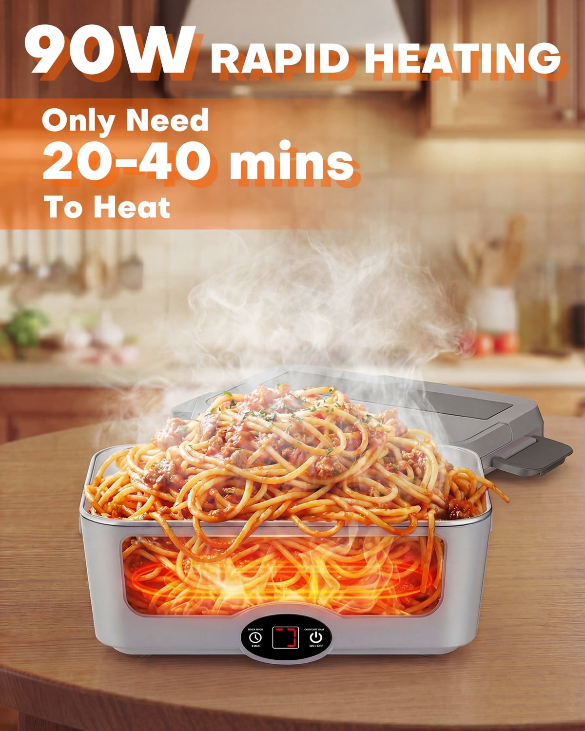 Sitlais 1.8L Electric Lunch Box with Timer, Portable Food Heater with Stainless Steel Container, Leakproof Heated Lunch Box for Work, Office & Travel
