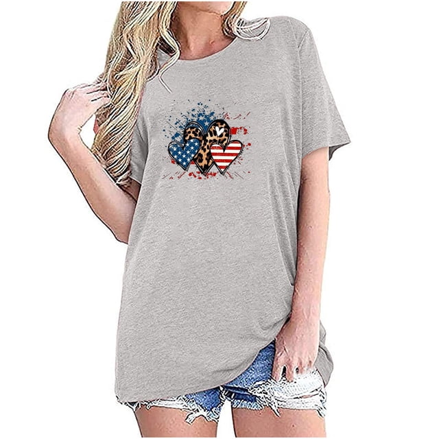 Camisetas de Manga Corta para las Mujeres Día de la Independencia Impresión Básica Camiseta de Verano, Cuello Redondo Casual Camiseta Blusa