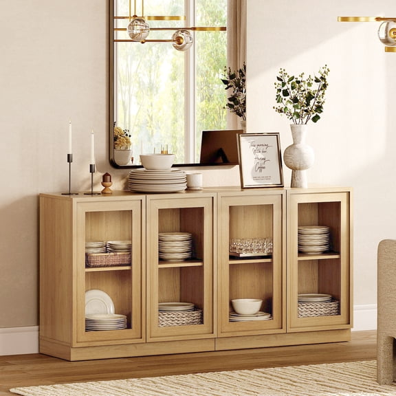 63" Modern Sideboard Buffet Cabinet with 4 Glass Doors, Multifunctional Sideboard with Large Storage and Adjustable Shelf, Oak