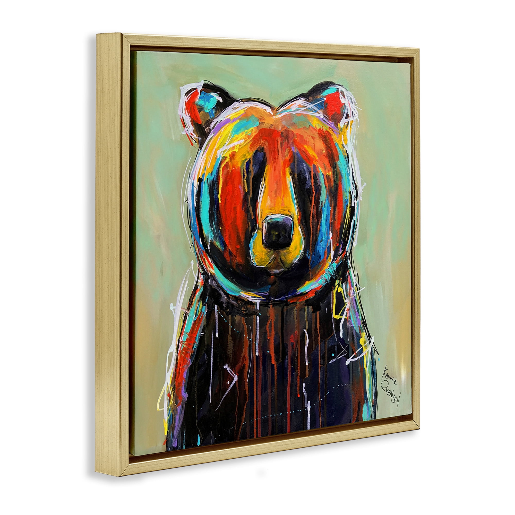 Stupell Industries Abstract Colorful Painted Black Bear Animals & Insects Painting Gold Floater Framed Canvas Art Print Wall Art, 18 x 18