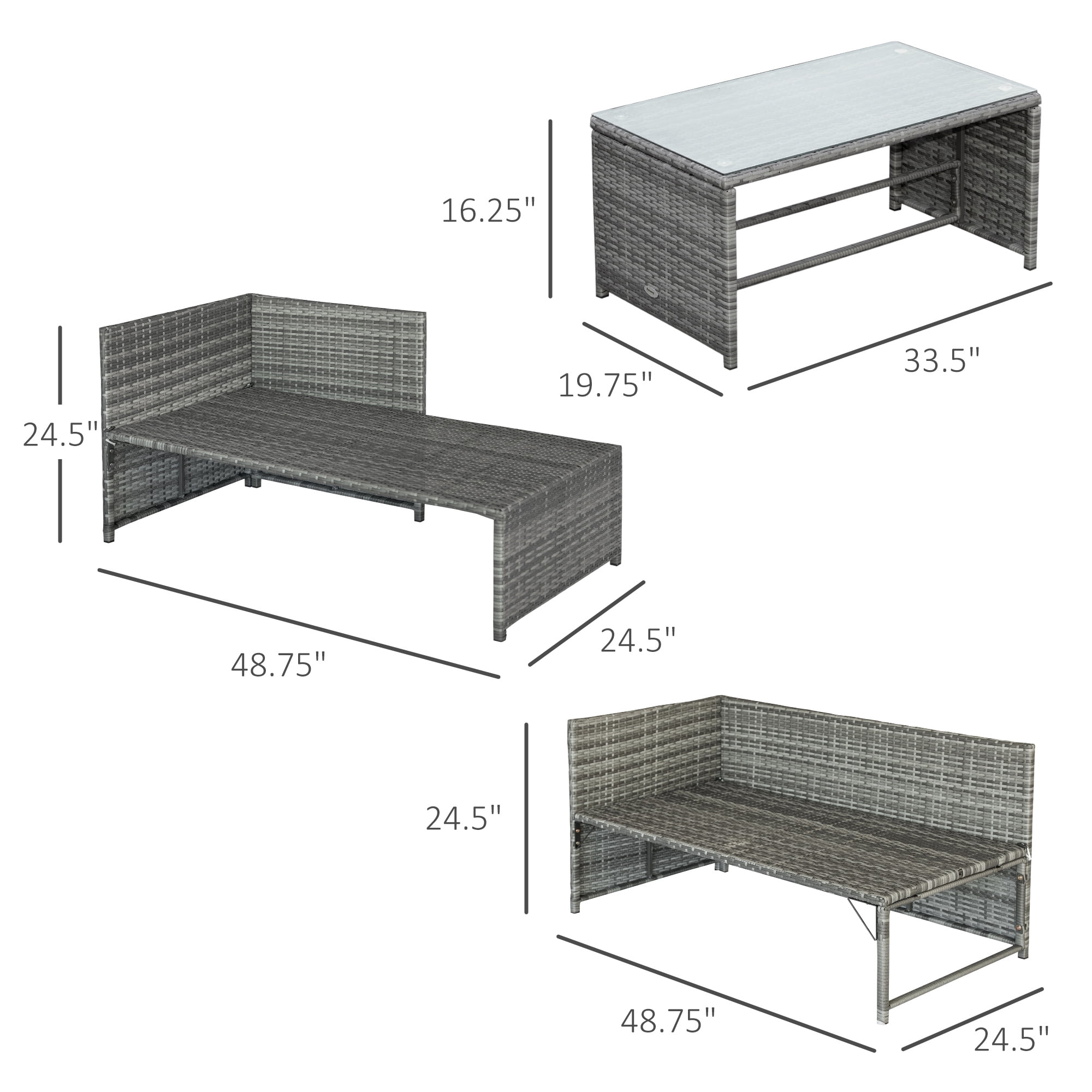 Outsunny 3 Piece Patio Furniture Set, Rattan Outdoor Sofa Set with Chaise Lounge & Loveseat, Soft Cushions, Tempered Glass Table, L-Shaped Sectional Couch, Charcoal