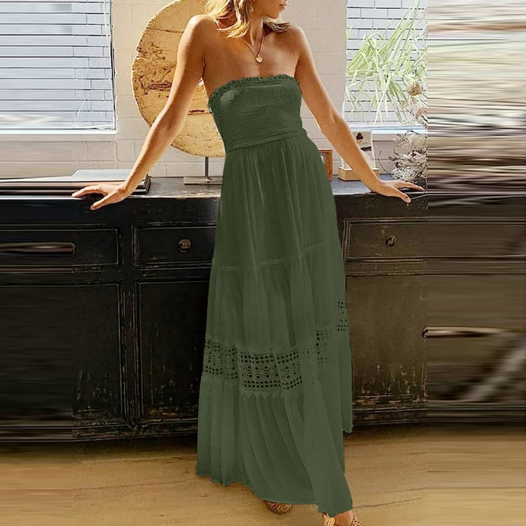 Maxi Dresses for Women Tube Top Sleeveless Solid Summer Trendy Long Dress Evening Party Prom Elegant Lace Patchwork Swing Strapless Long Dresses Army Green m Walmart
