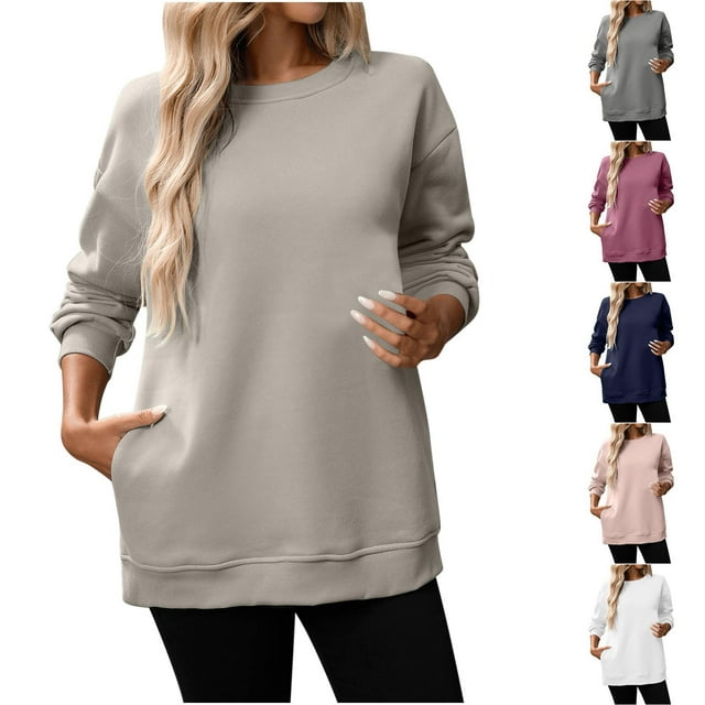 Yuyuzo Chandails à Col Rond pour Femmes, Chandails Décontractés à Manches Longues, Mode d'Automne, Couleur Unie, Doux et Confortables, Hauts à Enfiler