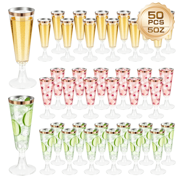 Plastic Champagne Flutes, 50 Pack 5 oz Plastic Champagne Flutes with Gold Rim, Disposable Champagne Toasting Glasses for Wedding Birthday Party Wine Tasting New Years Eve Party Supplies