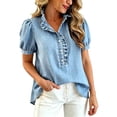 thumbnail image 5 of Womens Summer Shirts Puff Sleeve Button Down Denim Oversized Tshirts for Women Blue M, 5 of 9