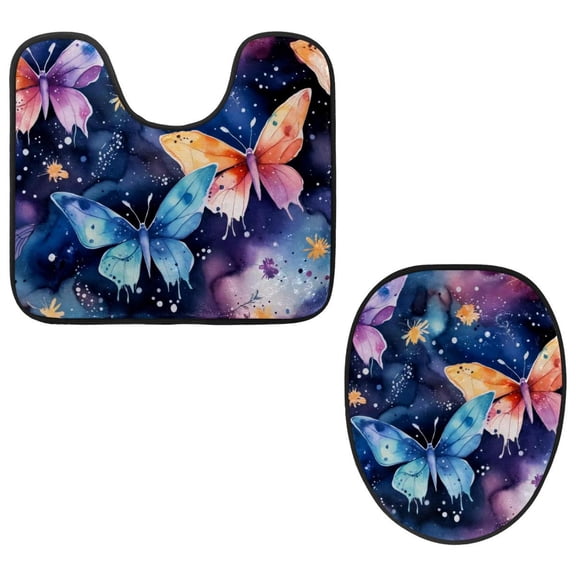 PhooArto Toilet Lid Cover and U-Shaped Toilet Floor Mat Set of 2 Pieces, Beautiful Butterflies Galaxy Toilet Mat Set, Machine Washable Seat Covers Non-Slip Absorbent Rugs