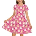 thumbnail image 2 of Girls Summer Dress Girls Cat Print Short Sleeve Crew Neck Casual Dress Knee Length Soft Comfortable Kids Summer Outfit for Toddler Daily Pink 7 Years-8 Years, 2 of 4
