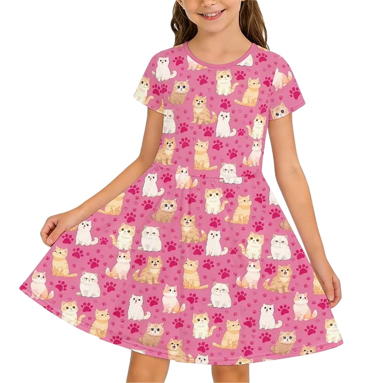cartoon print design dress Grils Dress , Girls Dress Size 7,Cartoon Print Short Sleeve Casual Dress  For Toddler Girls Comfortable Daily Wear Summer Outfit