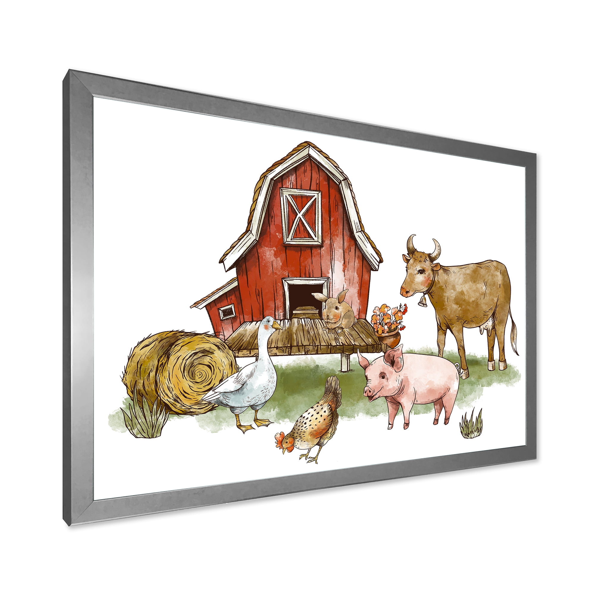 Designart 'Farm House With Goose Cow Pig Chicken and Haystack' Rustic Framed Art Print