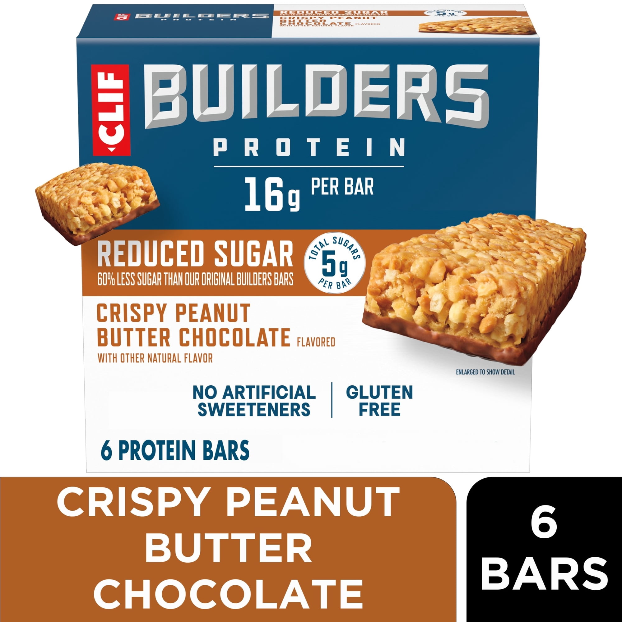 CLIF BUILDERS Protein Bars Crispy Peanut Butter Chocolate Flavored, Reduced Sugar, Gluten Free Bars, 6 Count