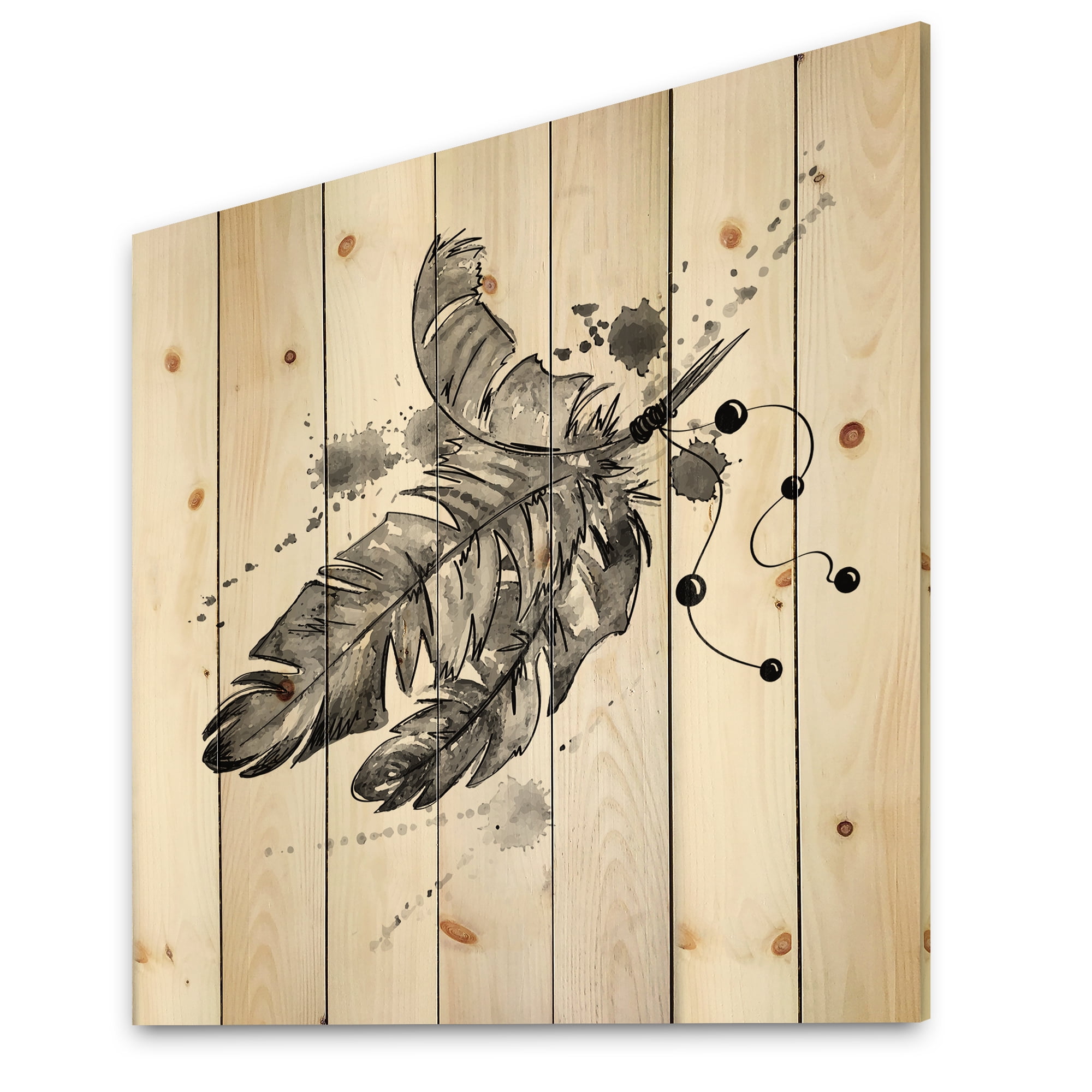 Designart 'Black and White Feathers Impression' Traditional Print on Natural Pine Wood