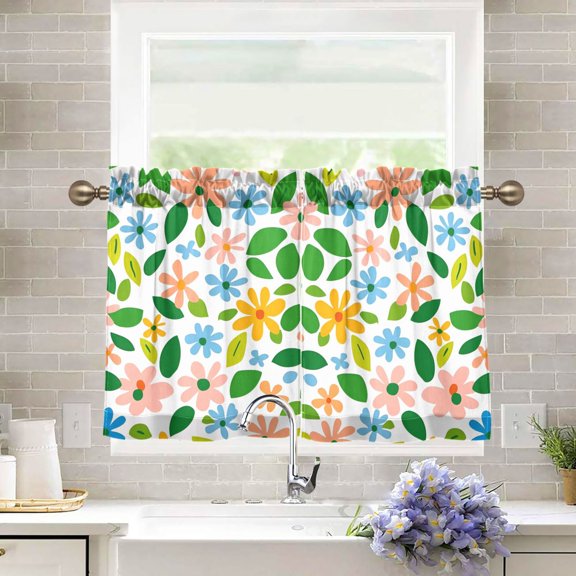 Yayeee Kitchen Curtains Tier Pair Light Filtering 27"x36" Rod Pocket Short Cafe Window Panel, Retro Blue Floral