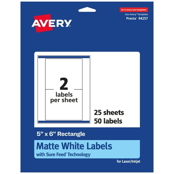 Avery Matte White Rectangle Labels, 5" x 6", 50 Labels