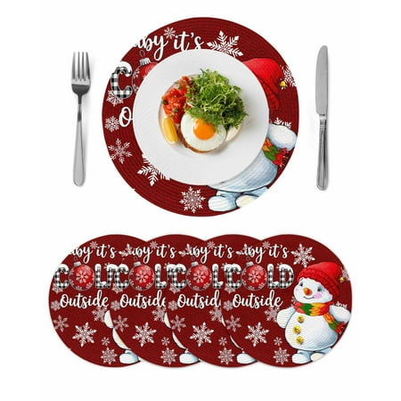 Red Winter Snowman Round Table Placemats set of 4 Christmas Snowflake Washable Woven Place Mats for Dining Tables Kitchen Party Decor Heat Proof 15in