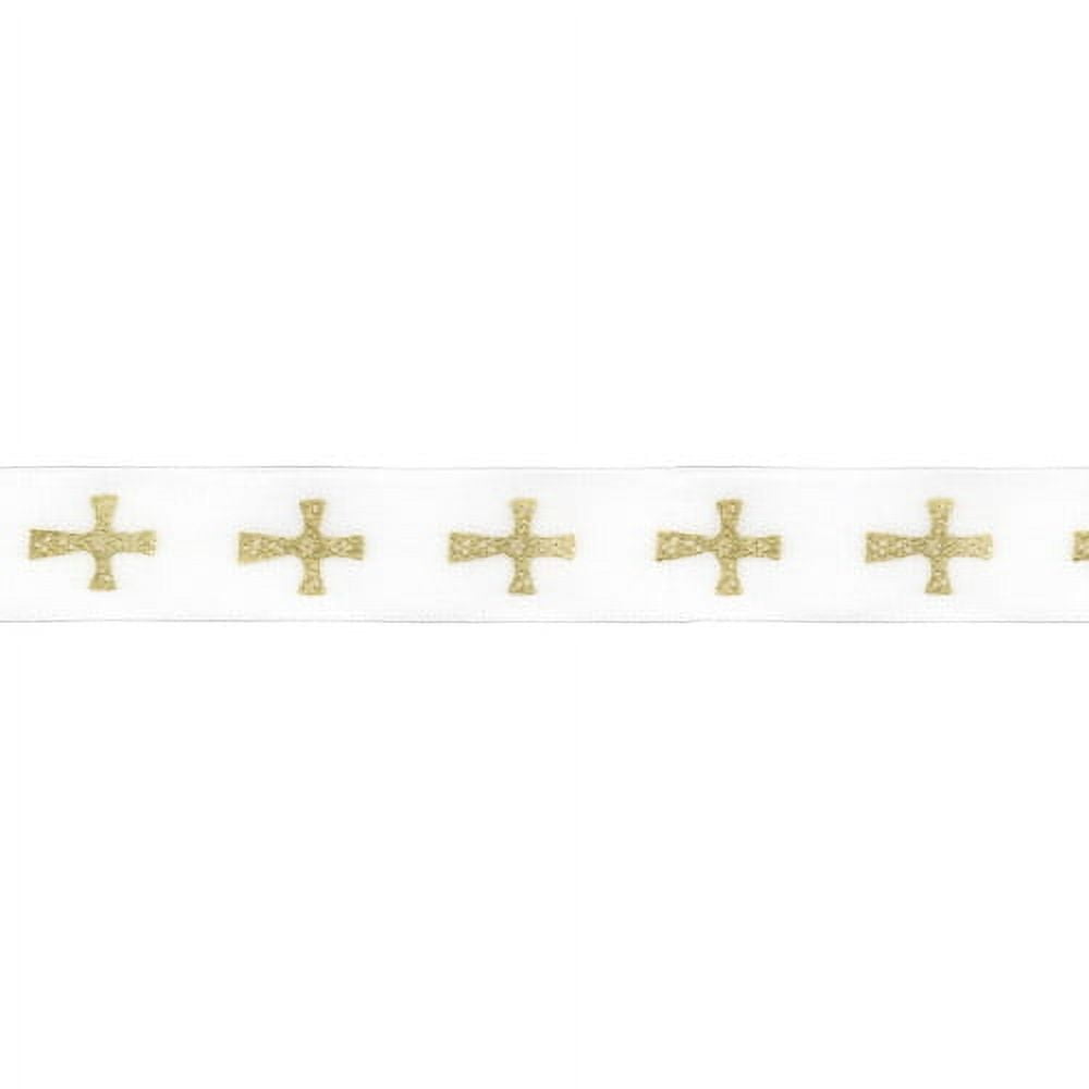 Offray Ribbon, White with Gold Cross 7/8 inch Polyester Ribbon,, 9 feet