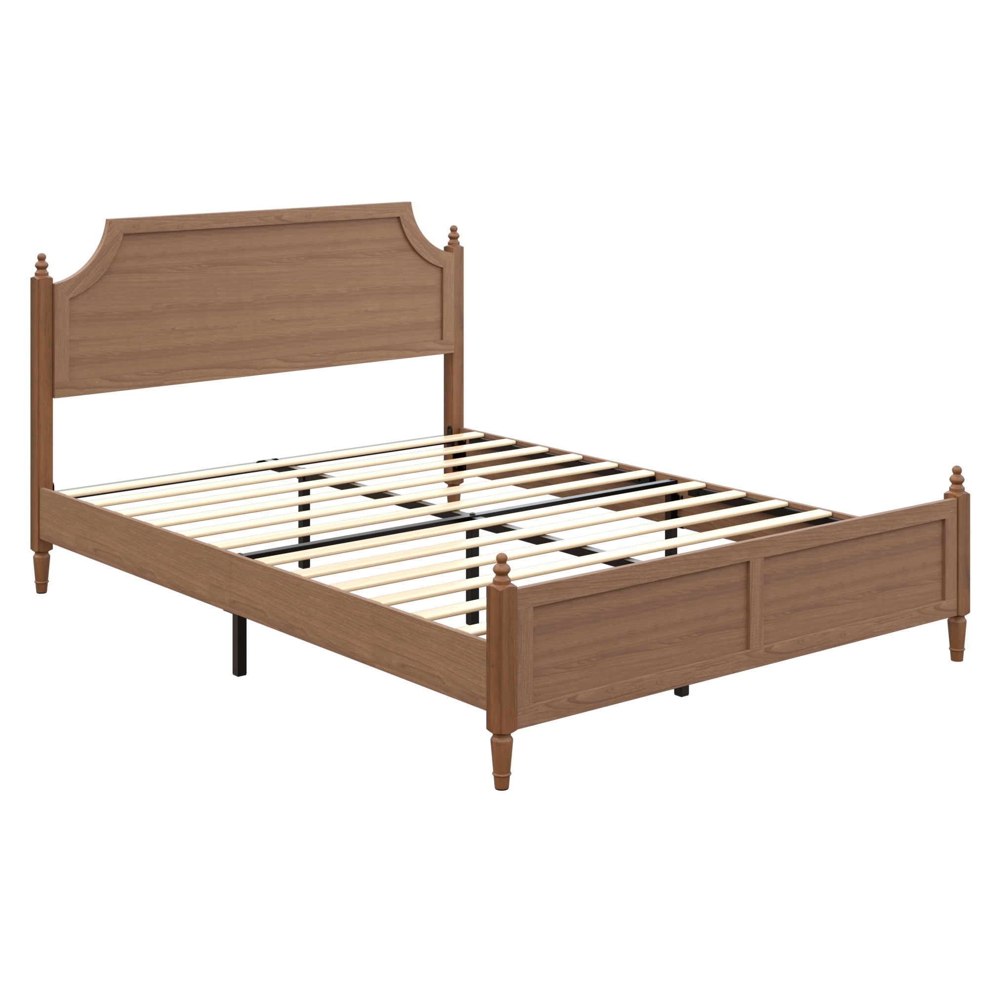 Mintazer Queen Size Farmhouse Curved Platform Bed Frame with Headboard & Footboard for Guest Master Bedroom, No Box Spring Needed, Walnut Brown