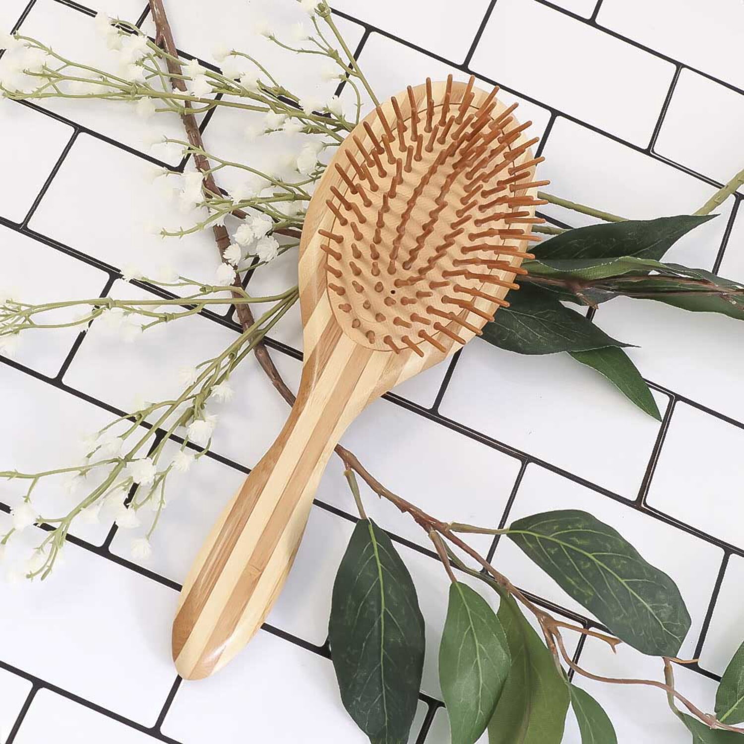 Loma Bamboo Paddle Brush, Oval Wooden Scalp Massager and Detangler Brush