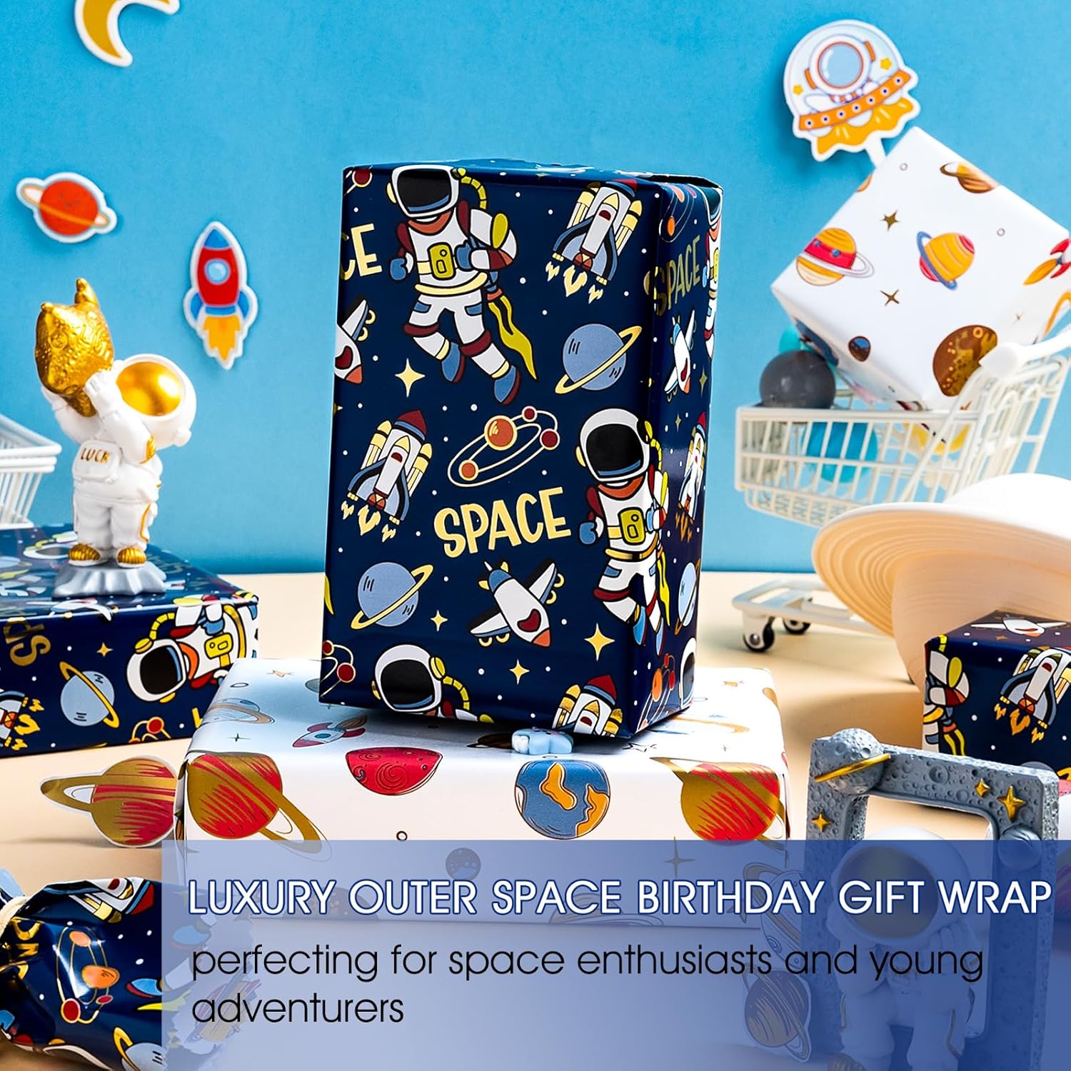Space Wrapping Paper Roll, Birthday Wrapping Paper for Boys, Navy Blue Astronaut Gift Wrap for Kids Birthday Outer Space Party Decor RocketShip Wrap Galaxy Planets Stars (17 Inch X 33 Feet)