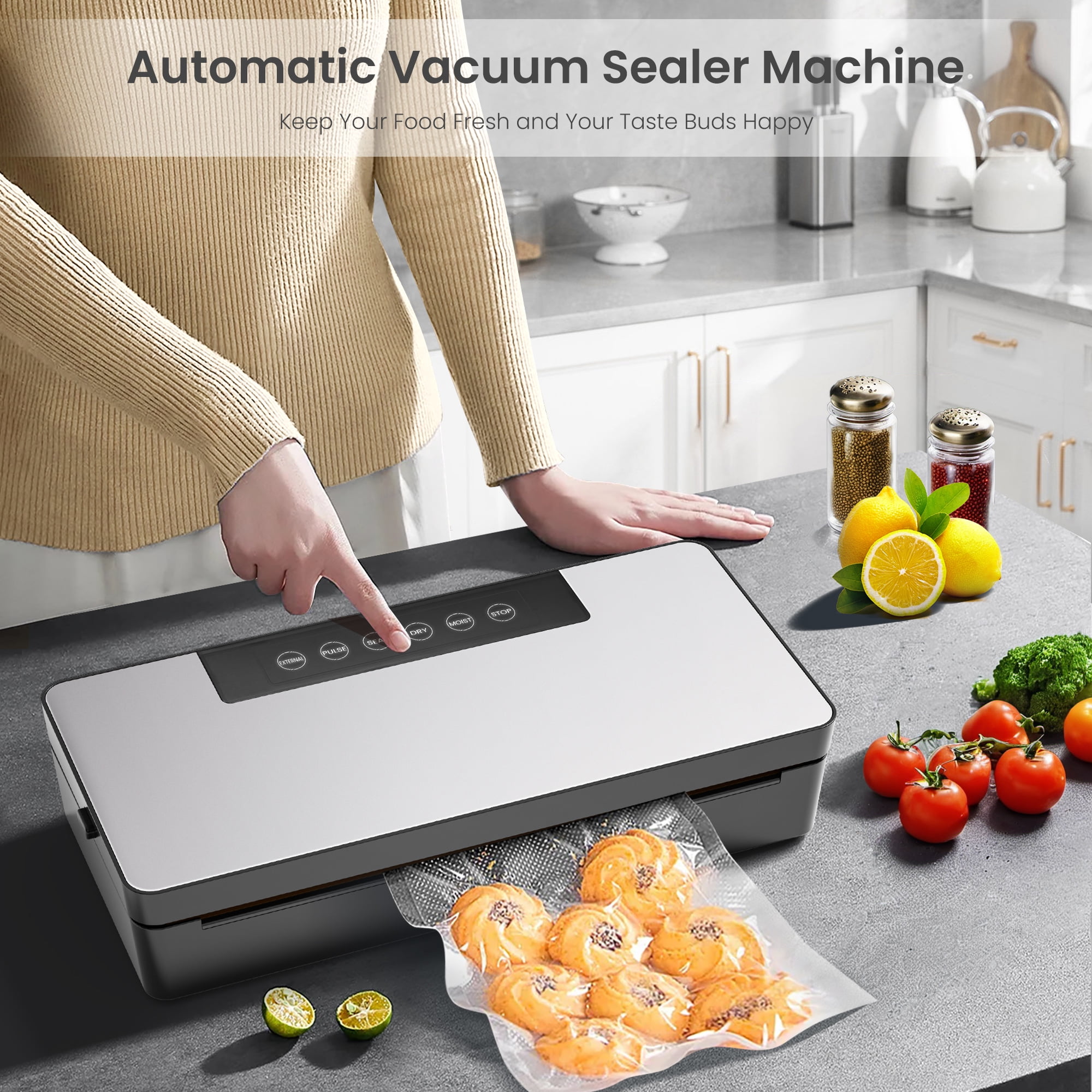 Naipo Vacuum Sealer Machine,Automatic Air Sealing System for Dry & Moist Foods, Powerful 90Kpa Precision 6-in-1 Compact Food Preservation System with Air Hose & Low-Noise(Silver)