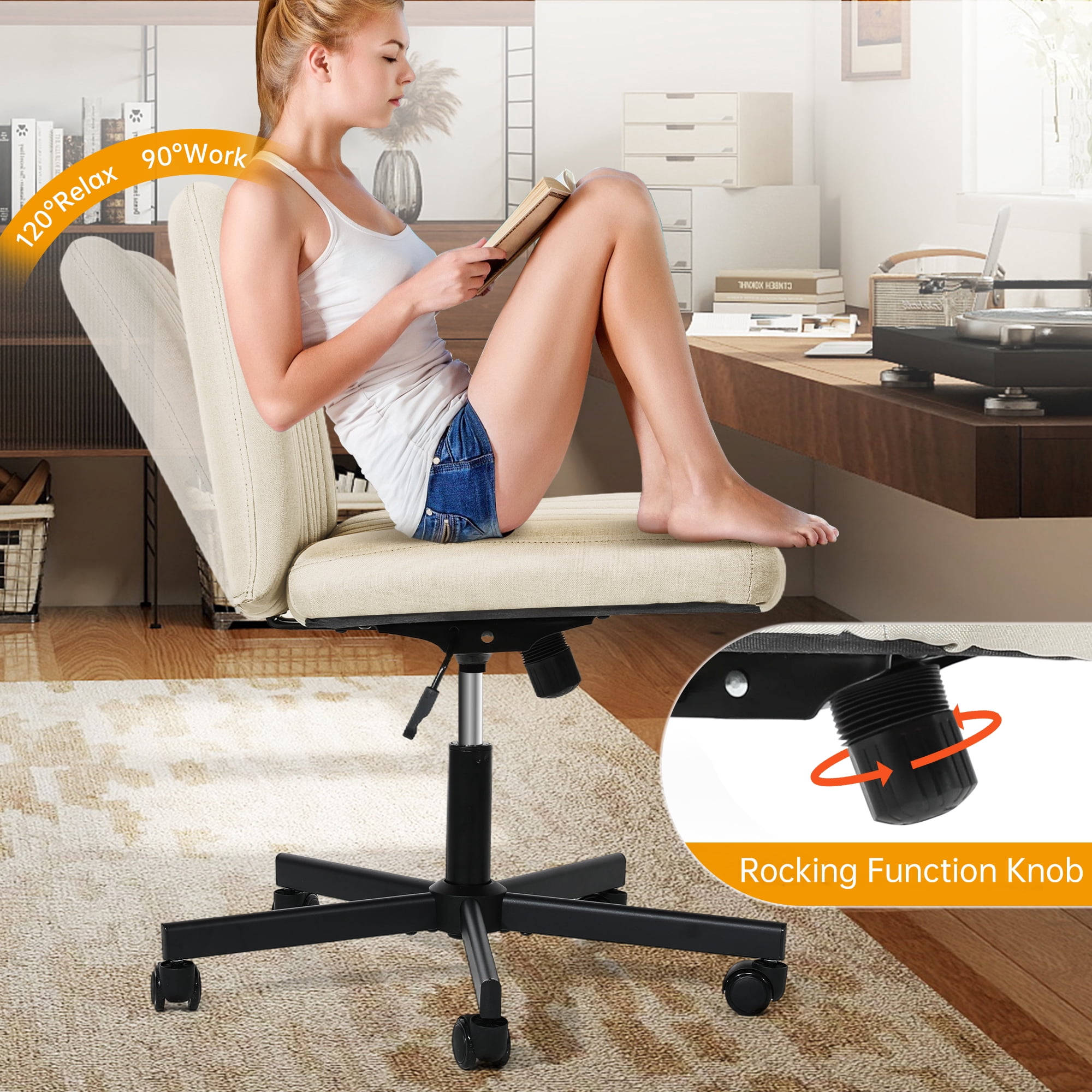 Melocadol Modern Criss Cross Office Chair, Extra Wide Armless Rolling Desk Chair with 360° Wheels, Adjustable Swivel Padded Fabric for Home, Office, Beige