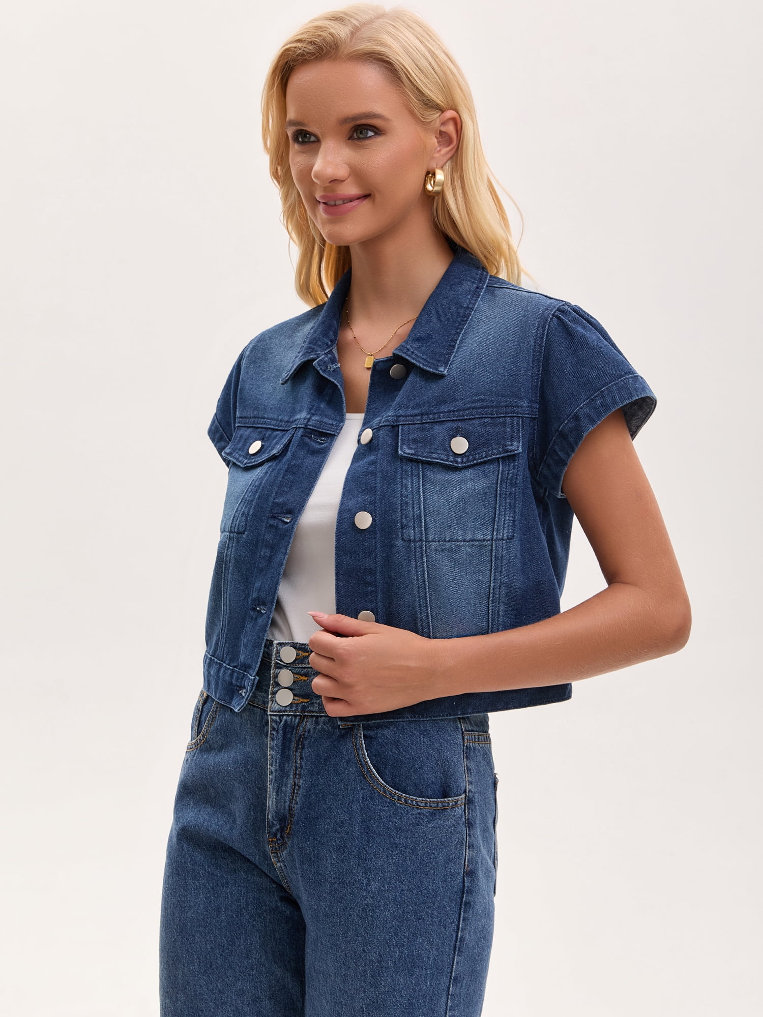 DARING DIVA Women's Cropped Cap Sleeve Button Down Collared Jean Jacket 2XL Dark Blue