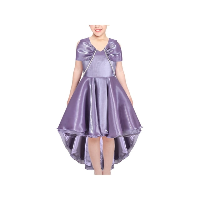Robe Fille Violette Hi-lo Perle Organza Manches Nœud Fête Princesse Concours 10 Ans