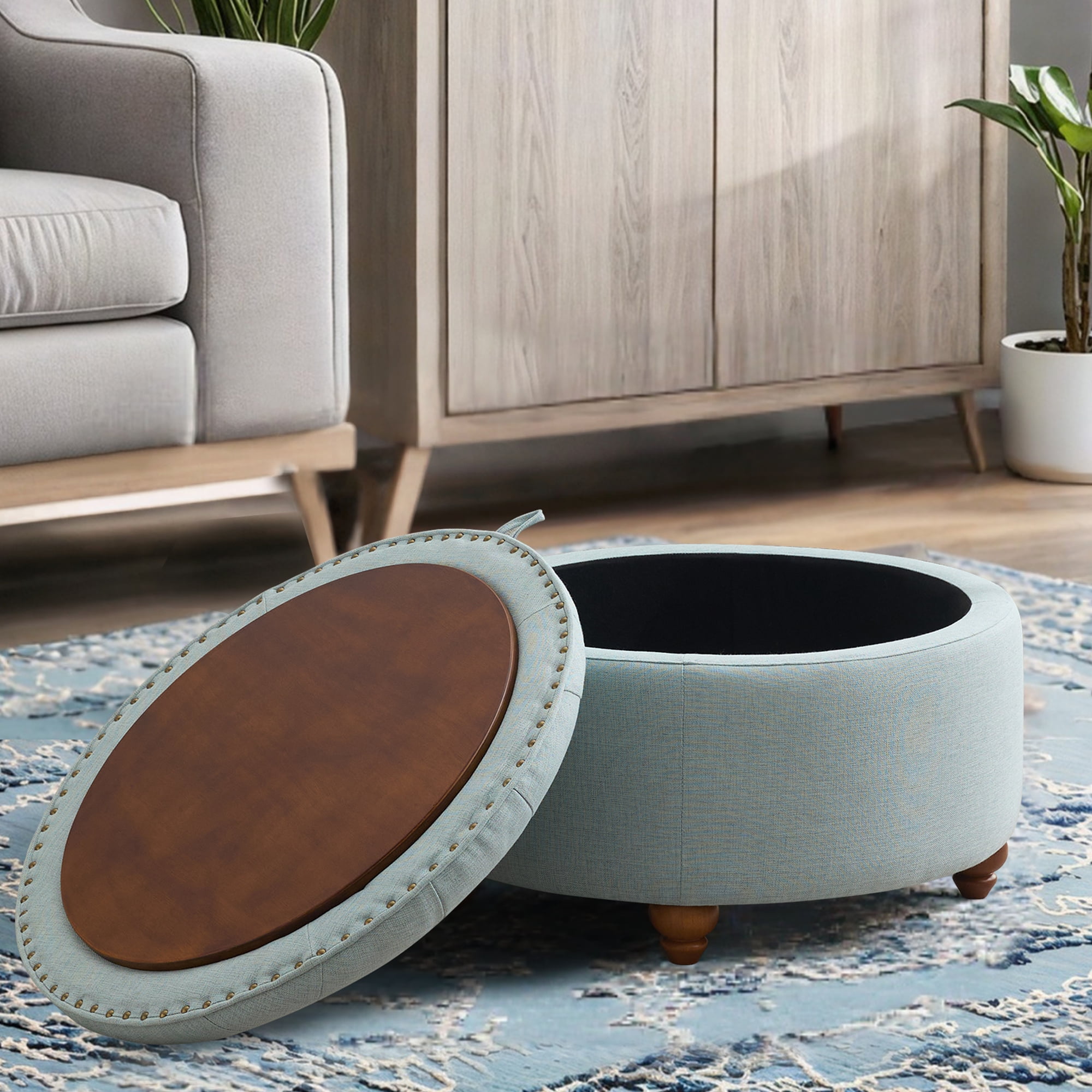 30'' Round Ottoman with Storage, Modern Tufted Fabric Storage Ottoman with Removable Top for Living Room, Bedroom, Light Blue