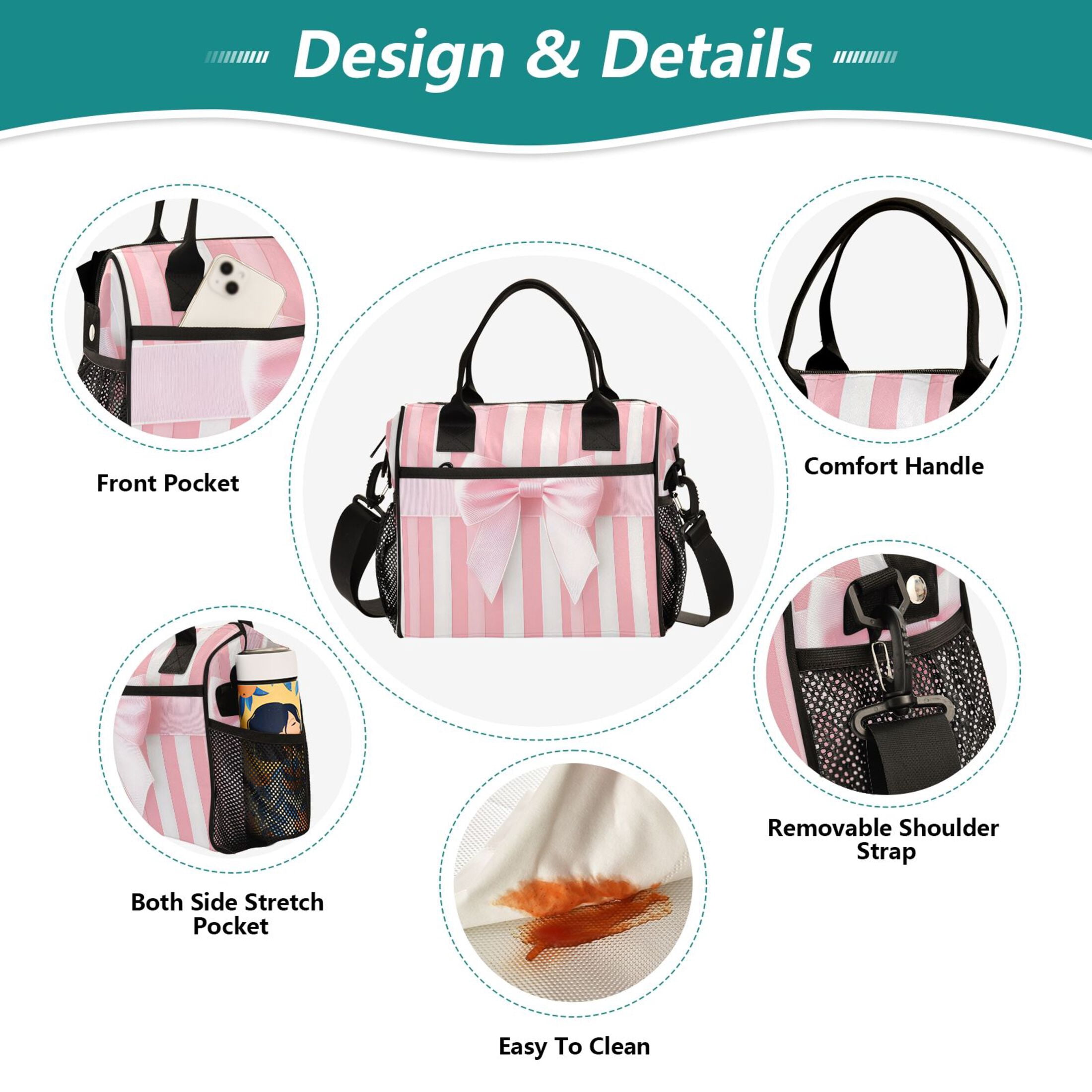 Lunch Bag Insulated Lunch Box Leakproof Reusable Cooler Tote Adjustable Shoulder Strap for Men Women Pink Ribbon Bow 12L