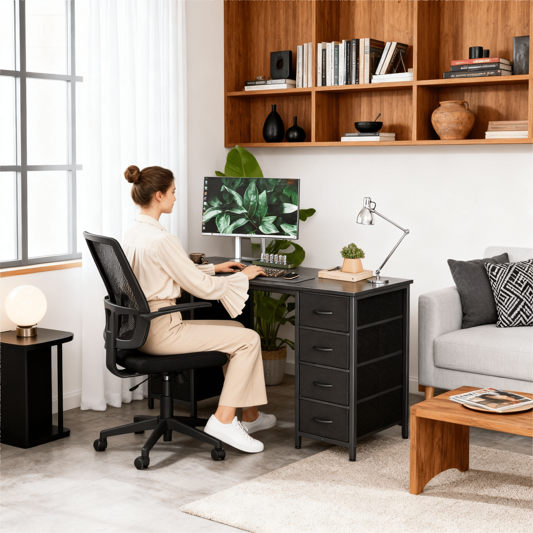 CONCETTA 47 Inch Computer Desk with 8 Fabric Drawers, Home Office Desk Workstation for Study & Gaming, Large Storage Writing Desk, Sturdy Metal Frame, Black
