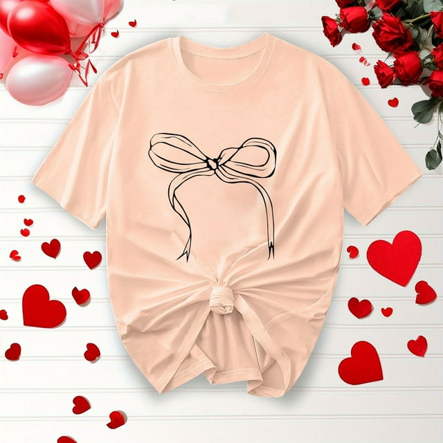 Jusqu'à 65 % de Réduction d'Été Iumwxz T-Shirts Basiques Plissés Décontractés pour Femmes Hauts d'Été Mignons pour Femmes Blouse à Imprimé Nœud Col Rond Manches Courtes Blouse pour Femmes Confortable pour l'École