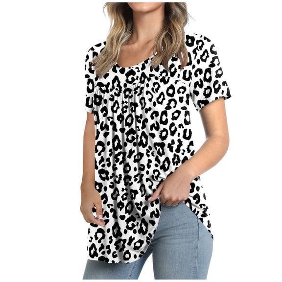 Homenesgenics Plus Size Womens Tops Clearance Women's Crew-Neck Short Sleeve Print Tops Hide Belly Tunic Shirts Dressy Casual Flowy Blouse Gifts for Women